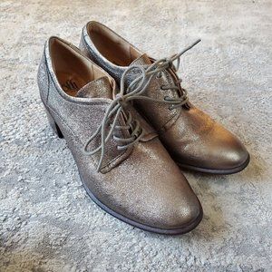 Sofft Women's 8 Bronze Metallic Leather Block Heel Loafer Lace Up